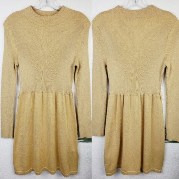 Free People 'French Girl' Sweater Mini Dress Knit Gold Metallic size S Boho - Picture 3 of 13